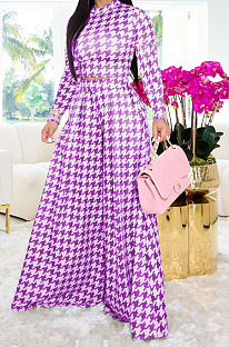 Purple Euramerican Autumn Winter Women Plaid Printing Long Sleeve Round Collar Loose Pants Sets KZ2139-3