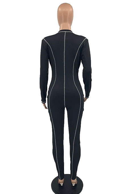 Blue Women Skinny Tight Long Sleeve Zipper Bodycon Jumpsuits JR3644-3