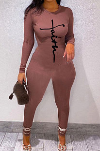 Coffee Women Ribber Solid Color Long Sleeve Round Collar Bodycon Jumpsuits MLD5058-3