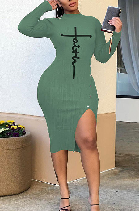 Lake Green Autumn Bodycon Sexy Split Irregular Spliced Midi Dress HZF57813-3