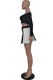 Black Wholesale A Word Shoulder Long Sleeve Crop Top Spliced Ruffle Pleated Skirts TRS1175-1