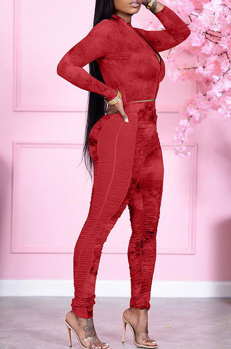 Green Wholesale Print Long Sleeve Zip Front Mesh Spliced Ruffle Hip Pants Sport Sets TK6139-1