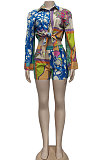 Purple Green Women Single-Breasted Casual Digital Printing Long Sleeve Shirts Shorts Two-Pieces YZ7044-1