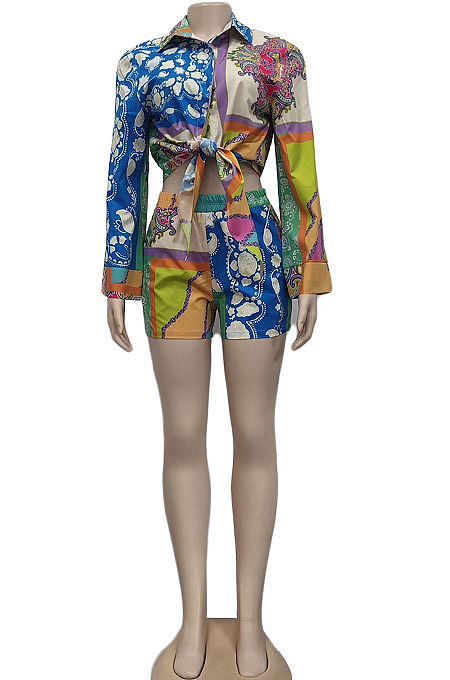 Black Women Single-Breasted Casual Digital Printing Long Sleeve Shirts Shorts Two-Pieces YZ7044-2
