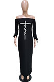 Wine Red Cute Pattern A Word Shoulder Long Sleeve Both Sides Split Dress BBN199-1