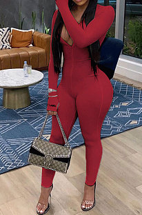 Wine Red Ribber Letter Embroidery Long Sleeve Zipper Slim Fitting Bodycon Jumpsuits QZ6115-6