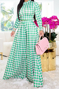 Green Euramerican Autumn Winter Women Plaid Printing Long Sleeve Round Collar Loose Pants Sets KZ2139-5