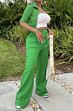 Green Women Casual Solid Color Tops Turn-Down Collar Pants Sets JR3652-4