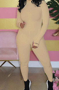 Khaki Ribber Letter Embroidery Long Sleeve Zipper Slim Fitting Bodycon Jumpsuits QZ6115-8