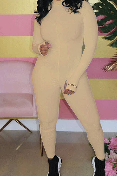 Khaki Ribber Letter Embroidery Long Sleeve Zipper Slim Fitting Bodycon Jumpsuits QZ6115-8