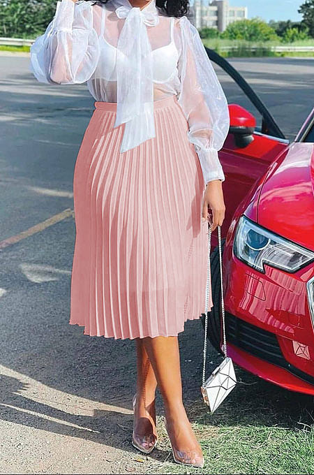 Pink Simple Chiffon Pure Color Pleated Skirts TRS1177-1