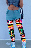 Purple Print Spliced Mid Waist Jean Shift Pants LSZ9058-3
