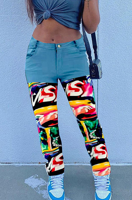 Red Print Spliced Mid Waist Jean Shift Pants LSZ9058-2