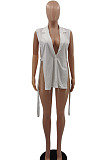 White Women Fashion Casual Pure Color Sleeveless Turn-Down Collar Suit Jacket QMX1008-1