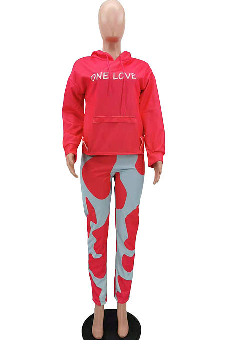 Pink Casual Digital Letter Print Long Sleeve Hoodie Pencil Pants Sport Sets TK6140-1