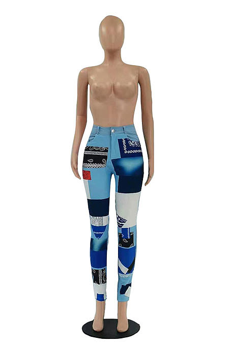 SUPER WHOLESALE|Light Blue Wholesale Women Print Spliced Mid Waist Jean Pants LSZ9066-1