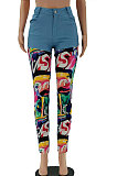 Purple Print Spliced Mid Waist Jean Shift Pants LSZ9058-3