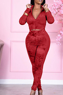 Red Wholesale Print Long Sleeve Zip Front Mesh Spliced Ruffle Hip Pants Sport Sets TK6139-2