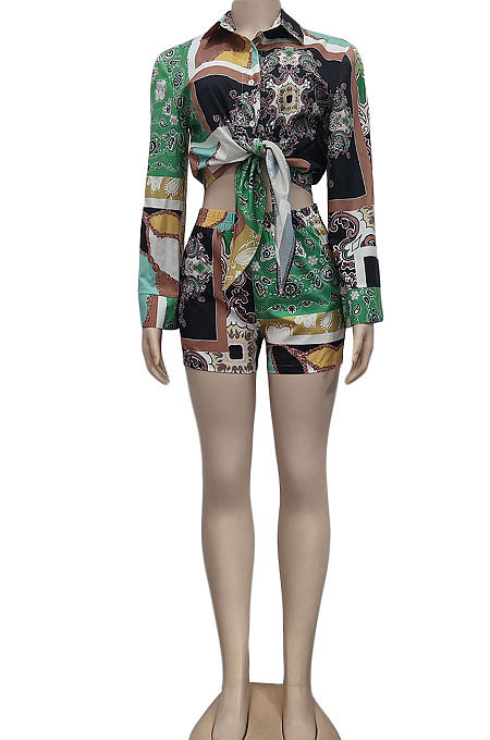 Black Women Single-Breasted Casual Digital Printing Long Sleeve Shirts Shorts Two-Pieces YZ7044-2