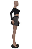 Black Wholesale A Word Shoulder Long Sleeve Crop Top Spliced Ruffle Pleated Skirts TRS1175-1