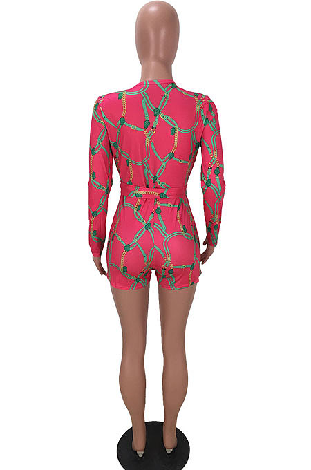 Rose Red Digital Print Long Sleeve Deep V Neck Bandage Romper Shorts LMM8275
