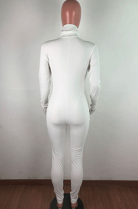 White Ribber Letter Embroidery Long Sleeve Zipper Slim Fitting Bodycon Jumpsuits QZ6115-1