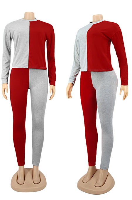 Gray Red Euramerican Sexy Women Autumn Spliced Color Block Long Sleeve Long Pants Sets KZ158-6