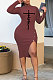 Brown Autumn Bodycon Sexy Split Irregular Spliced Midi Dress HZF57813-2