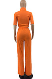 Orange Women Casual Solid Color Tops Turn-Down Collar Pants Sets JR3652-2