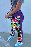 Purple Print Spliced Mid Waist Jean Shift Pants LSZ9058-3