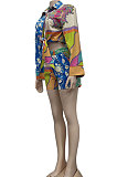 Purple Green Women Single-Breasted Casual Digital Printing Long Sleeve Shirts Shorts Two-Pieces YZ7044-1