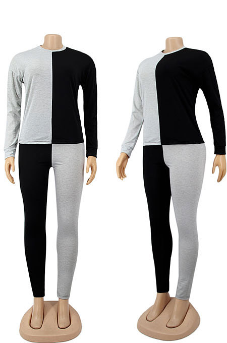 Gray Red Euramerican Sexy Women Autumn Spliced Color Block Long Sleeve Long Pants Sets KZ158-6