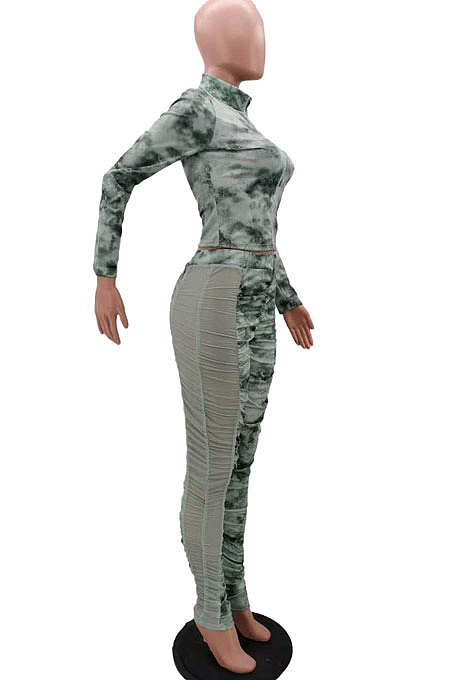 Red Wholesale Print Long Sleeve Zip Front Mesh Spliced Ruffle Hip Pants Sport Sets TK6139-2