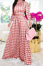Red Euramerican Autumn Winter Women Plaid Printing Long Sleeve Round Collar Loose Pants Sets KZ2139-2