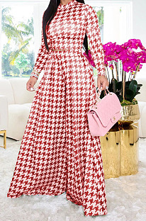Red Euramerican Autumn Winter Women Plaid Printing Long Sleeve Round Collar Loose Pants Sets KZ2139-2
