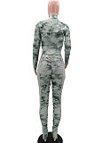 Green Wholesale Print Long Sleeve Zip Front Mesh Spliced Ruffle Hip Pants Sport Sets TK6139-1