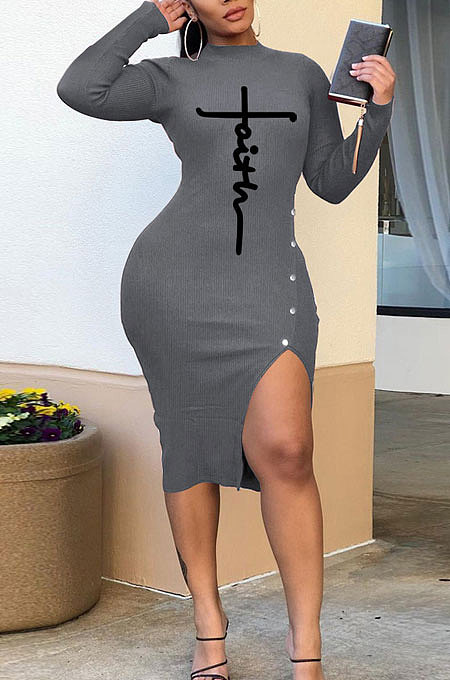 Gray Autumn Bodycon Sexy Split Irregular Spliced Midi Dress HZF57813-1