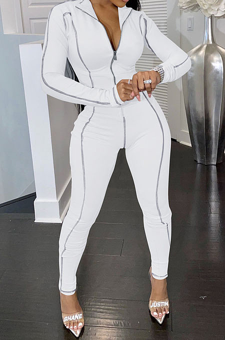 White Women Skinny Tight Long Sleeve Zipper Bodycon Jumpsuits JR3644-5