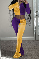 Purple Yellow Wolesale Women Velvet Contrast Color Spliced Long Sleeve Zipper Hoodie Flare Pants Sets TRS1178-1