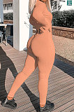 Light Yellow Ribber Letter Embroidery Long Sleeve Zipper Slim Fitting Bodycon Jumpsuits QZ6115-2