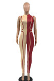 Purple Euramerican Women Tight Sleeveless Spliced Zipper Low Waist Bodycon Jumpsuits JR3649-3