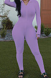 Purple Ribber Letter Embroidery Long Sleeve Zipper Slim Fitting Bodycon Jumpsuits QZ6115-10