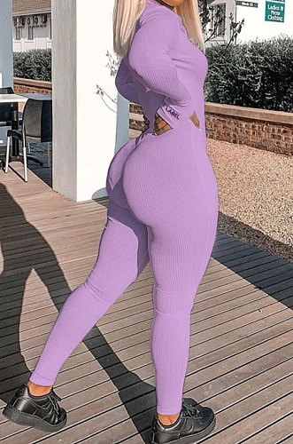 Purple Ribber Letter Embroidery Long Sleeve Zipper Slim Fitting Bodycon Jumpsuits QZ6115-10