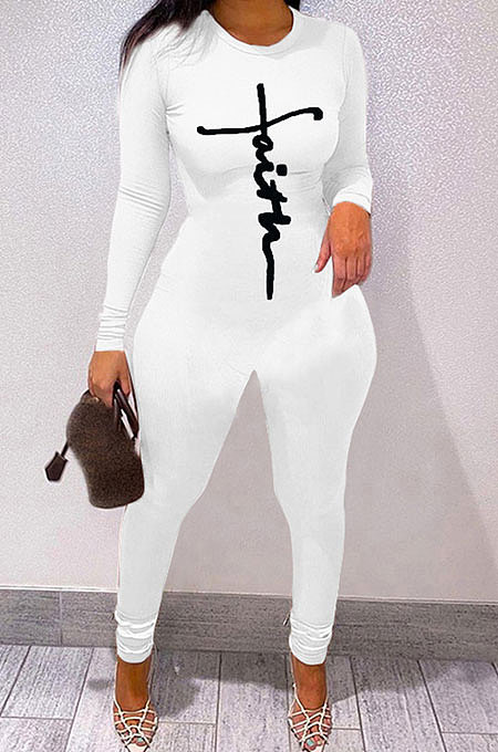 White Women Ribber Solid Color Long Sleeve Round Collar Bodycon Jumpsuits MLD5058-2