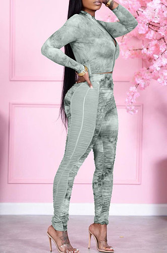 Green Wholesale Print Long Sleeve Zip Front Mesh Spliced Ruffle Hip Pants Sport Sets TK6139-1