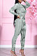 Green Wholesale Print Long Sleeve Zip Front Mesh Spliced Ruffle Hip Pants Sport Sets TK6139-1