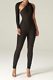 Black Euramerican Women Sexy Trendy One Shoulder Pure Color Backless Bodycon Jumpsuits QMX1010-2