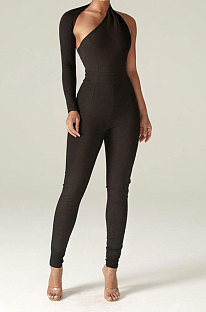 Black Euramerican Women Sexy Trendy One Shoulder Pure Color Backless Bodycon Jumpsuits QMX1010-2