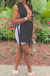 Black Women Fashion Casual Pure Color Sleeveless Turn-Down Collar Suit Jacket QMX1008-2