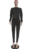 Gray Casual Loose Long Sleeve T-Shirt Ruffle Pants Solid Color Sets TRS1160-5